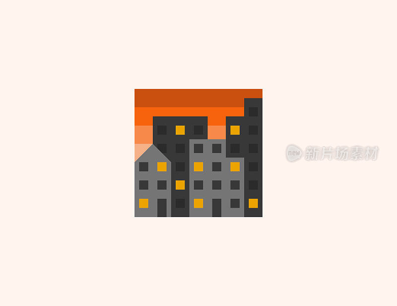 Cityscape at Dusk vector icon. Isolated Dusk City Buildings flat colored symbol